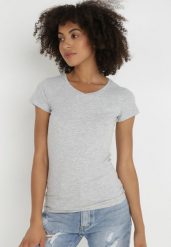 Jasnoszary T-shirt Nysalphia. Szare t-shirty damskie Born2be, l, bez wzorów, z bawełny, klasyczne, bez kołnierzyka, bez ramiączek. Za 29.99 zł.