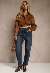 Granatowe Jeansy Mom Fit High Waist z Wiskozą Erralia. Niebieskie jeansy damskie Renee, bez wzorów, z jeansu, z podwyższonym stanem. Za 109.99 zł.