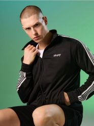 Bluza bomberka z lampasami - czarny. Czarne kurtki męskie Sinsay, l, bez wzorów, bez kaptura. Za 59.99 zł.