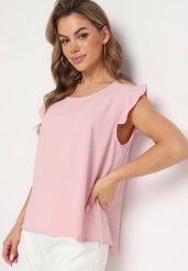 Jasnoróżowy Top Koszulka bez Rękawów z Falbanką Vivolia. Czerwone topy damskie Born2be, plus size, z aplikacjami, z jeansu, eleganckie, bez kołnierzyka, bez ramiączek. Za 34.99 zł.