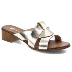 Złote Klapki Armodo Modne Obuwie Damskie. Żółte klapki damskie Armodo, na lato, bez wzorów, z jeansu, eleganckie, bez obcasa, na obcasie, bez zapięcia. Za 219.00 zł.