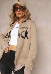 Jasnobeżowa Bluza Zapinana na Suwak z Kieszeniami i Półgolfem Ubaviela. Brązowe bluzy damskie Renee, l, bez wzorów, casualowe, bez ramiączek, bez kaptura. Za 79.99 zł.
