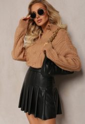 Brązowy Sweter z Dekoltem w Serek i Ozdobnym Splotem Travissa. Brązowe swetry nierozpinane damskie Renee, bez wzorów, ze splotem, casualowe, bez kołnierzyka, bez ramiączek. Za 109.99 zł.