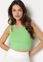 Jasnozielony Prążkowany Tank Top Bez Rękawów z Ozdobnym Wycięciem Deriafa. Zielone topy damskie Born2be, m, bez wzorów, prążkowane, klasyczne, z asymetrycznym kołnierzem, bez ramiączek. Za 34.99 zł.