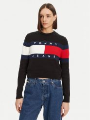 Tommy Jeans Sweter Center Flag DW0DW19335 Czarny Regular Fit. Czarne swetry nierozpinane damskie Tommy Jeans, s, bez wzorów, z bawełny, bez kołnierzyka, bez ramiączek. W wyprzedaży za 239.99 zł.