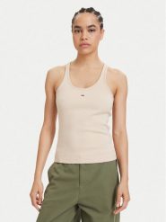 Tommy Jeans Top Racerback DW0DW22264 Biały Slim Fit. Białe topy damskie Tommy Jeans, xxs, bez wzorów, z bawełny, bez kołnierzyka, bez ramiączek. Za 169.99 zł.
