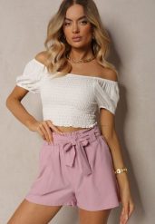 Jasnofioletowe Szorty Bermudy High Waist z Dodatkiem Bawełny Wiązane w Pasie Quisevia. Fioletowe szorty damskie Renee, bez wzorów, z bawełny, z podwyższonym stanem. Za 39.99 zł.