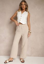 Beżowe Spodnie High Waist z Szeroką Nogawką i Gumką w Pasie Mirarena. Brązowe spodnie materiałowe damskie Renee, bez wzorów, z jeansu, biznesowe, z podwyższonym stanem. Za 39.99 zł.