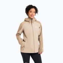Kurtka przeciwdeszczowa damska Jack Wolfskin Wildbound 2L. Brązowe kurtki sportowe damskie Jack Wolfskin, l, bez wzorów, bez ramiączek, bez kaptura, trekkingowe. Za 672.10 zł.