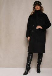 Czarny Klasyczny Płaszcz Dwurzędowy z Kieszeniami Tereti. Czarne płaszcze damskie Renee, l, bez wzorów, z jeansu, eleganckie, bez kołnierzyka, bez kaptura. Za 149.99 zł.