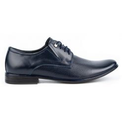 Olivier Buty męskie eleganckie skórzane 302T3 granatowe niebieskie. Niebieskie buty wizytowe męskie bez wzorów, ze skóry, bez obcasa, bez zapięcia. Za 367.89 zł.