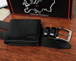 Zestaw męski skórzany premium Beltimore portfel pasek klasyczny U32 : Kolory - czarny, Rozmiar pasków - r.90-105 cm. Czarne paski męskie klasyczne. Za 112.99 zł.