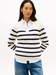 Tommy Hilfiger Sweter z dzianiny Kobiety Bawełna biały|niebieski, XS. Białe swetry nierozpinane damskie Tommy Hilfiger, xs, bez wzorów, z bawełny, eleganckie, bez kołnierzyka, bez ramiączek. Za 229.95 zł.