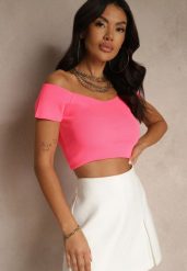 Różowa Bluzka z Odkrytymi Ramionami Silarea. Czerwone bluzki damskie Renee, bez wzorów, eleganckie, bez kołnierzyka, bez ramiączek. Za 34.99 zł.