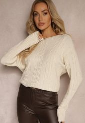 Jasnobeżowy Sweter z Bawełną Wiskozą i Ozdobnym Splotem Viacelia. Brązowe swetry nierozpinane damskie Renee, l, bez wzorów, z bawełny, biznesowe, bez kołnierzyka, bez ramiączek. Za 84.99 zł.