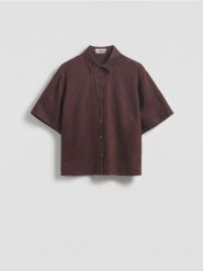 Lniana koszula z krótkimi rękawami - ciemnobrązowy. Brązowe koszule damskie Reserved, l, bez wzorów, bez kołnierzyka, bez ramiączek. Za 139.99 zł.