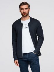Sweter męski gładki na zamek – granatowy V1 - Rozmiar: XL. Niebieskie swetry męskie Ombre Clothing, m, bez wzorów, z dzianiny, bez kołnierzyka, bez ramiączek. Za 239.99 zł.