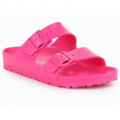 Klapki damskie Birkenstock Arizona Eva. Czerwone klapki damskie Birkenstock, na lato, bez wzorów, z materiału, bez obcasa, bez zapięcia. Za 366.00 zł.