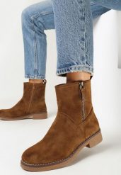Brązowe Botki z Ozdobnym Suwakiem Madania. Brązowe botki damskie Born2be, bez wzorów, bez obcasa, na płaskiej podeszwie, bez zapięcia. Za 139.99 zł.
