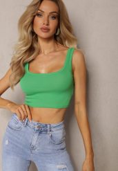 Zielony Tank Top z Elastycznej Bawełny z Głębokim Dekoltem Omaliana. Zielone topy damskie Renee, l, bez wzorów, z bawełny, bez kołnierzyka, bez ramiączek. Za 14.99 zł.