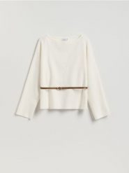 Sweter z paskiem - złamana biel. Swetry nierozpinane damskie Reserved, l, bez wzorów, z dzianiny, bez kołnierzyka, bez ramiączek. Za 139.99 zł.