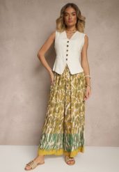 Beżowo-Żółte Szerokie Spodnie z Wiskozy High Waist Ellirelle. Brązowe spodnie materiałowe damskie Renee, bez wzorów, z jeansu, eleganckie, z podwyższonym stanem. Za 39.99 zł.