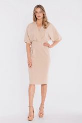 Sukienka elegancka midi kimonowa góra dopasowany dół beżowa. Brązowe sukienki damskie Stylove, do pracy, l, bez wzorów, z poliesteru, biznesowe, bez kołnierzyka, bez ramiączek, midi, dopasowane. Za 289.00 zł.
