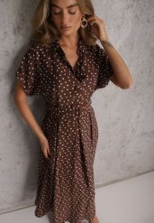 Brązowa Wiskozowa Sukienka w Kropeczki o Koszulowym Kroju z Wiązanym Paskiem Jynyra. Brązowe sukienki damskie Renee, na lato, l, bez wzorów, z wiskozy, eleganckie, bez kołnierzyka, bez ramiączek, maxi, koszulowe. Za 149.99 zł.