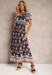 Czarno-Różowa Sukienka na Lato z Bawełny z Modelującą Gumką w Talii Deorna. Czarne sukienki damskie Renee, na lato, m, bez wzorów, z bawełny, bez kołnierzyka, bez ramiączek, maxi. Za 49.99 zł.