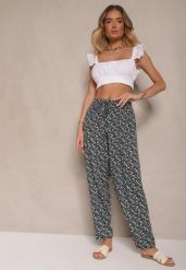 Zielono-Czarne Spodnie z Wiskozy High Waist w Kwiatowy Wzór Liosena. Zielone spodnie materiałowe damskie Renee, bez wzorów, z jeansu, z podwyższonym stanem. Za 39.99 zł.