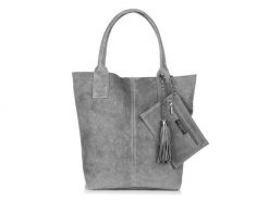 Shopperka szara skórzana T49. Szare shopperki damskie bez wzorów, ze skóry, duże, bez dodatków. Za 208.99 zł.