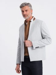 Męska melanżowa marynarka z dodatkiem rayonu ze stójką – szary melanż V4 OM-BLZB-0131 - XXL. Szare garnitury męskie Ombre Clothing, l, bez wzorów, z materiału, casualowe, bez kołnierzyka, bez ramiączek. Za 257.99 zł.