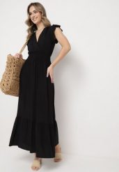 Czarna Bawełniana Sukienka Maxi z Kopertową Górą Rozkloszowana Xaliara. Czarne sukienki damskie Born2be, na lato, l, bez wzorów, z bawełny, bez kołnierzyka, bez ramiączek, maxi, kopertowe. Za 49.99 zł.