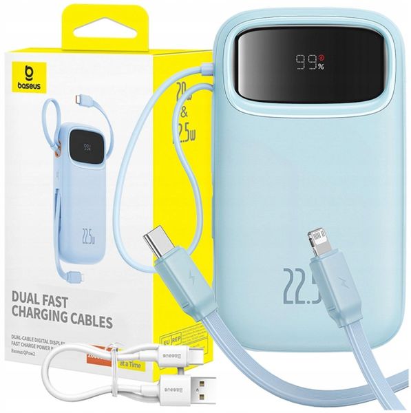 Powerbank Baseus Powerbank Qpow2 20000mAh 22,5W with dual cable with digital display + kabel Simple USB-C 3A 0,3m (white) - blue. Białe powerbanki Baseus. Za 85.49 zł.