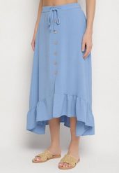 Niebieska Asymetryczna Spódnica z Falbanami i Ozdobnymi Guzikami Marolana. Niebieskie spódnice damskie Born2be, na co dzień, l, bez wzorów, eleganckie, midi, asymetryczne. Za 59.99 zł.