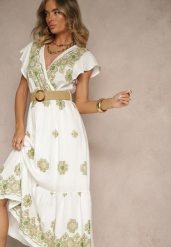 Biało-Zielona Sukienka z Wiskozy Ozdobiona Paskiem i Haftem Nilorelle. Białe sukienki damskie Renee, na co dzień, l, bez wzorów, z wiskozy, boho, bez kołnierzyka, bez ramiączek, maxi. Za 99.99 zł.