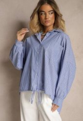 Niebieska Koszula z Bawełny o Kroju Oversize w Prążki ze Ściągaczem w Pasie Neoritia. Niebieskie koszule damskie Renee, uniwersalny, bez wzorów, z bawełny, biznesowe, bez kołnierzyka, bez ramiączek. Za 119.99 zł.