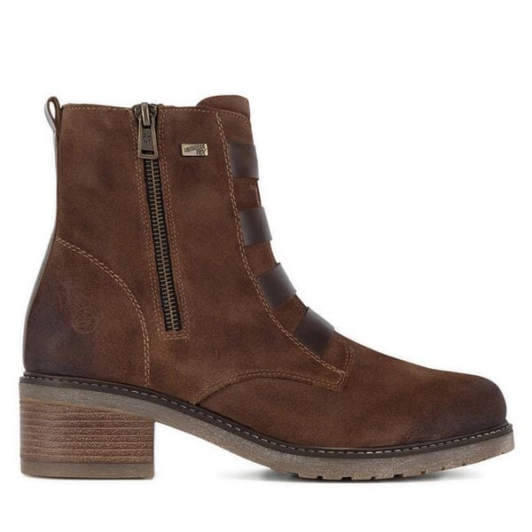 Trzewiki Remonte. Brązowe botki damskie Remonte, bez wzorów, bez obcasa, na słupku, bez zapięcia. Za 342.99 zł.