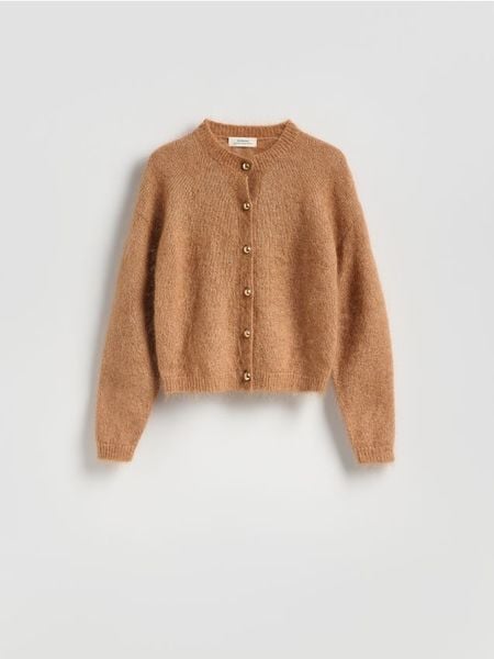 Kardigan z moherem - brązowy. Brązowe kardigany damskie Reserved, l, bez wzorów, z dzianiny, bez kołnierzyka. Za 299.99 zł.
