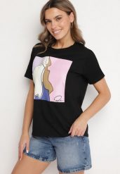 Czarny T-shirt z Bawełny Zdobiony Geometrycznym Nadrukiem Meppora. Czarne t-shirty damskie Born2be, s, z aplikacjami, z bawełny, klasyczne, bez kołnierzyka, bez ramiączek. Za 34.99 zł.