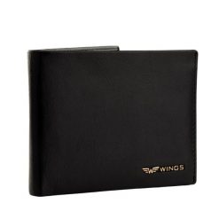 Męski czarny portfel WINGS z naturalnej skóry bydlęcej. Czarne portfele męskie Wings, bez wzorów, z materiału. Za 99.90 zł.
