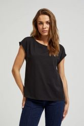 T-shirt z okrągłym dekoltem czarny. Czarne t-shirty damskie MOODO, s, bez wzorów, z bawełny, bez kołnierzyka, bez ramiączek. W wyprzedaży za 19.99 zł.