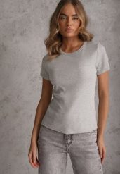 Szary Bawełniany T-shirt o Dopasowanym Kroju z Prążkowanego Materiału Lailya. Szare t-shirty damskie Renee, m, bez wzorów, z bawełny, casualowe, bez kołnierzyka, bez ramiączek. Za 39.99 zł.