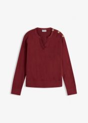 Bawełniany sweter z ozdobnymi guzikami. Czerwone swetry nierozpinane damskie bonprix, bez wzorów, z bawełny, eleganckie, bez kołnierzyka, bez ramiączek. Za 89.99 zł.