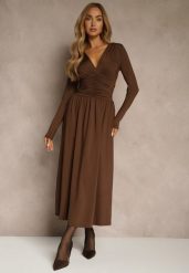 Brązowa Taliowana Sukienka Longsleeve z Wiskozą z Marszczeniem i Dekoltem V Elirie. Brązowe sukienki damskie Renee, na imprezę, l, bez wzorów, z wiskozy, bez kołnierzyka, bez ramiączek, maxi, oversize. Za 159.99 zł.