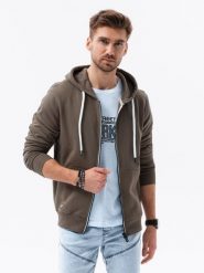 Bluza męska rozpinana z kapturem - brązowo-grafitowa. Szare bluzy męskie Ombre Clothing, l, bez wzorów, z kapturem. W wyprzedaży za 39.99 zł.