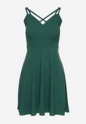 Zielona Rozkloszowana Sukienka z Ozdobnymi Paskami Redaina. Zielone sukienki damskie Born2be, l, bez wzorów, eleganckie, bez kołnierzyka, bez ramiączek, mini, rozkloszowane. Za 69.99 zł.