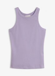 Tank top w prążek. Zielone topy damskie bonprix, bez wzorów, z bawełny, bez kołnierzyka, bez ramiączek. Za 37.99 zł.