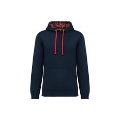 Wzorzysta bluza z kontrastowym kapturem Kariban. Niebieskie bluzy damskie KARIBAN, xs, bez wzorów, z bawełny, eleganckie, bez ramiączek, z kapturem. Za 246.50 zł.