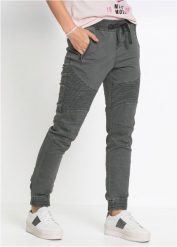 Spodnie z ozdobnymi detalami w stylu biker. Szare spodnie sportowe damskie bonprix, bez wzorów, eleganckie. Za 169.99 zł.